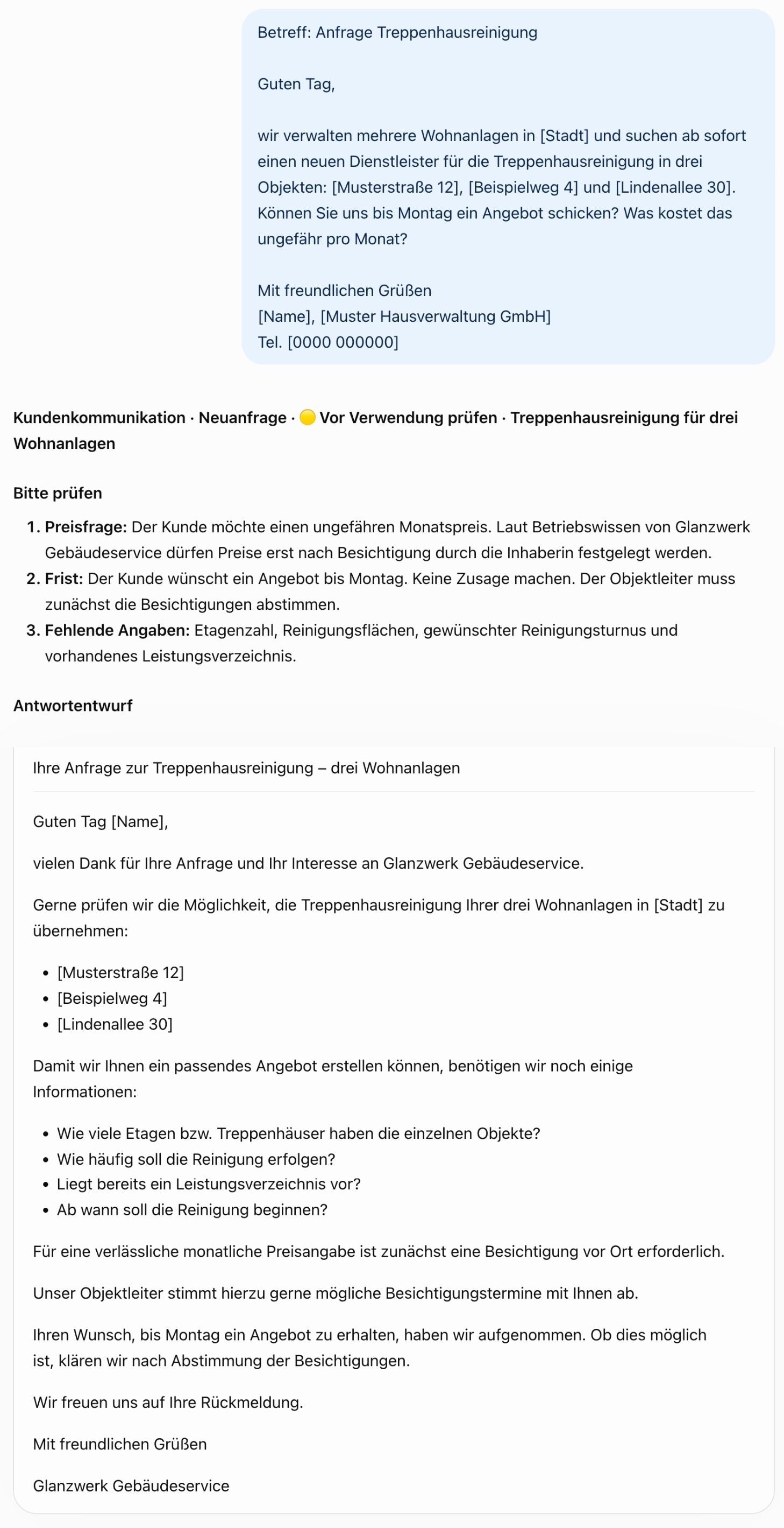 Echter Screenshot: Anfrage am Freitagabend