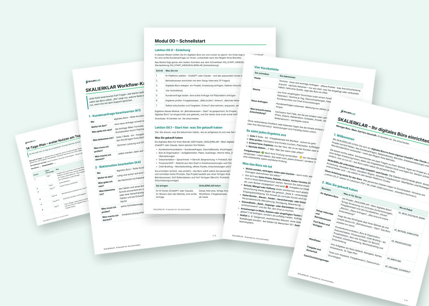 Echte Seiten aus dem Kundenpaket: Startanleitung, Lektionen, Workflow-Karten, 14-Tage-Plan